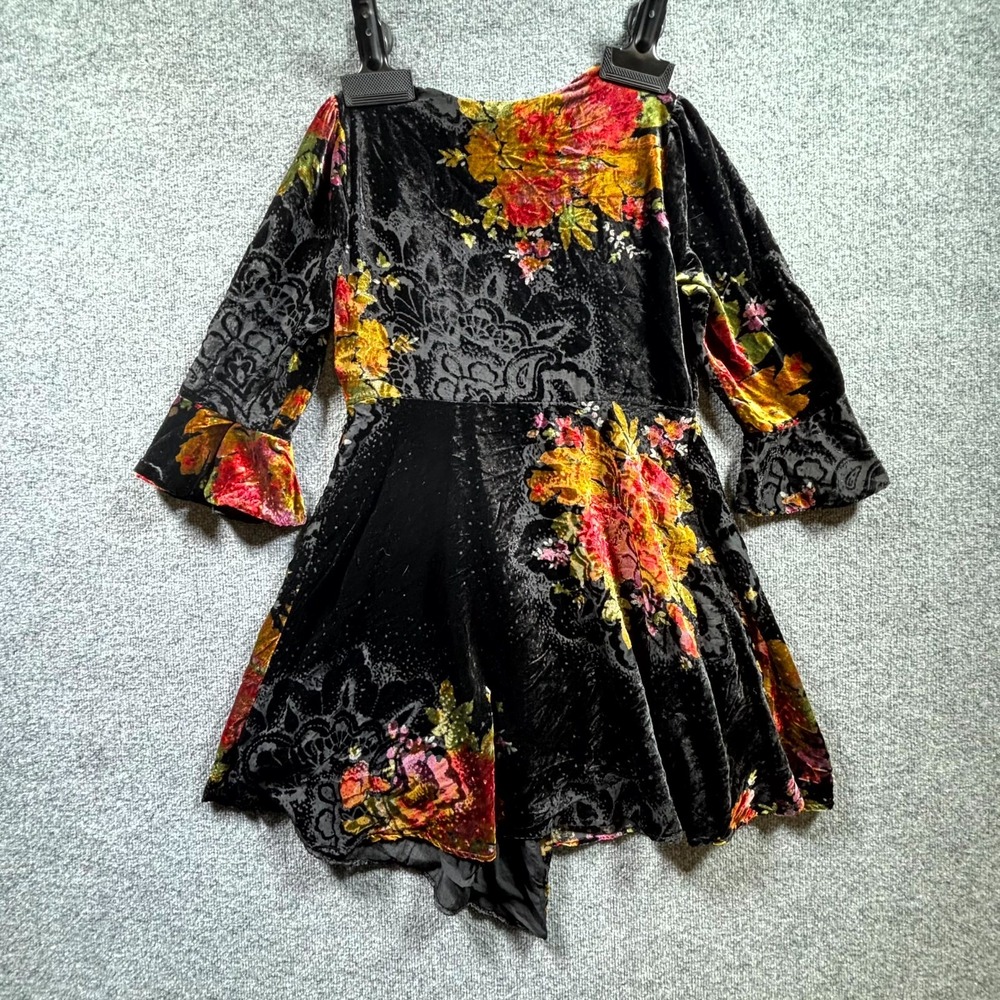 Free People Burnout Velvet Wrap Mini Dress Women Medium Black Floral Bell Sleeve - Picture 12 of 13